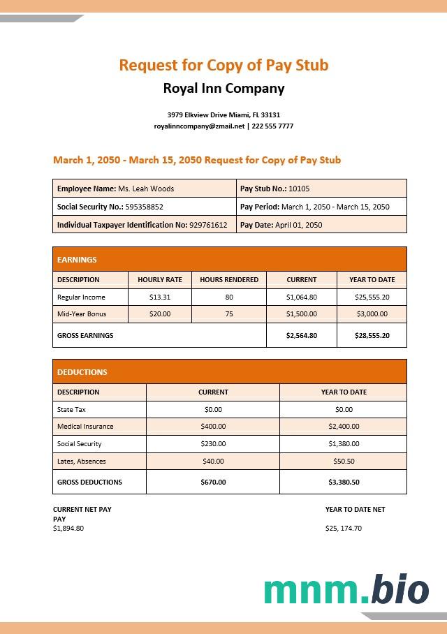 Royal Inn company pay stub w formatach PDF i Word